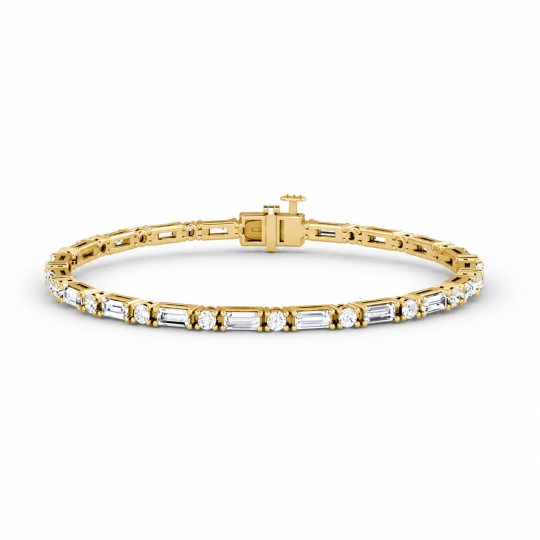 Tennisarmband van 10 karaat goud met 3 karaat ronde baguette-geslepen, laboratoriumgekweekte diamanten, verkrijgbaar in lengtes van 6 tot 7,5 inch.