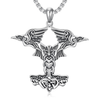 Sterling Silver Thors Hammer Odin Mjolnir Pendant Raven Necklace Jewelry For Women-1