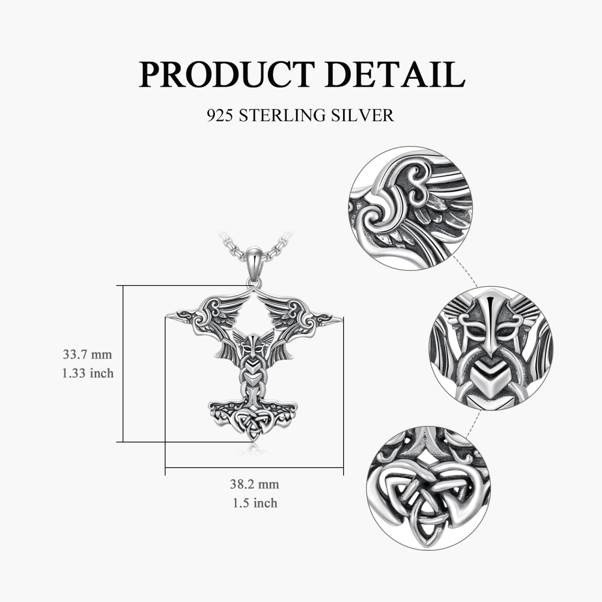 Sterling Silver Thors Hammer Odin Mjolnir Pendant Raven Necklace Jewelry For Women-6