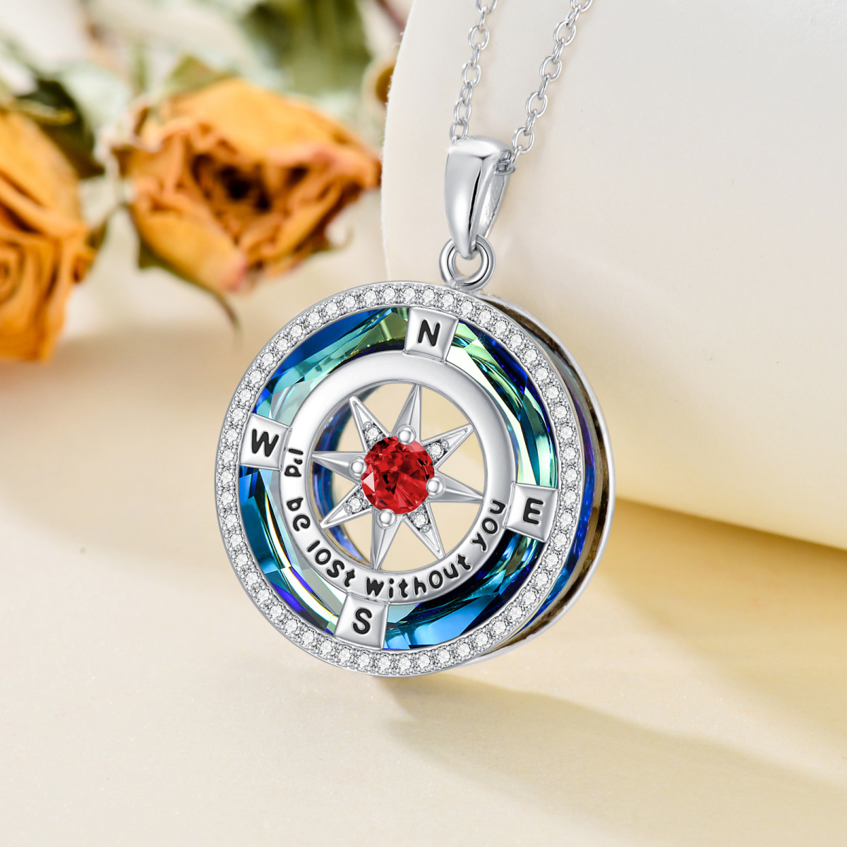 Sterling Silver Crystal Personalized Birthstone & Compass Pendant Necklace for women-3