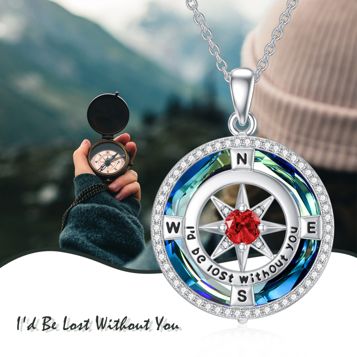 Sterling Silver Crystal Personalized Birthstone & Compass Pendant Necklace for women-6