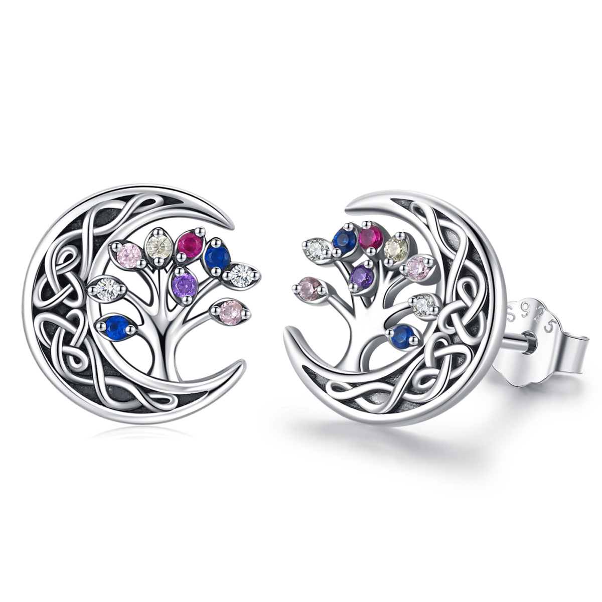 Boucles d'oreilles à tige en argent sterling et oxyde de zirconium en forme d'arbre de vie avec nœud celtique et lune-1