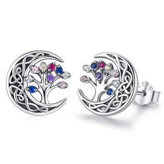 Sterling Silver Cubic Zirconia Tree Of Life & Celtic Knot & Moon Stud Earrings-21