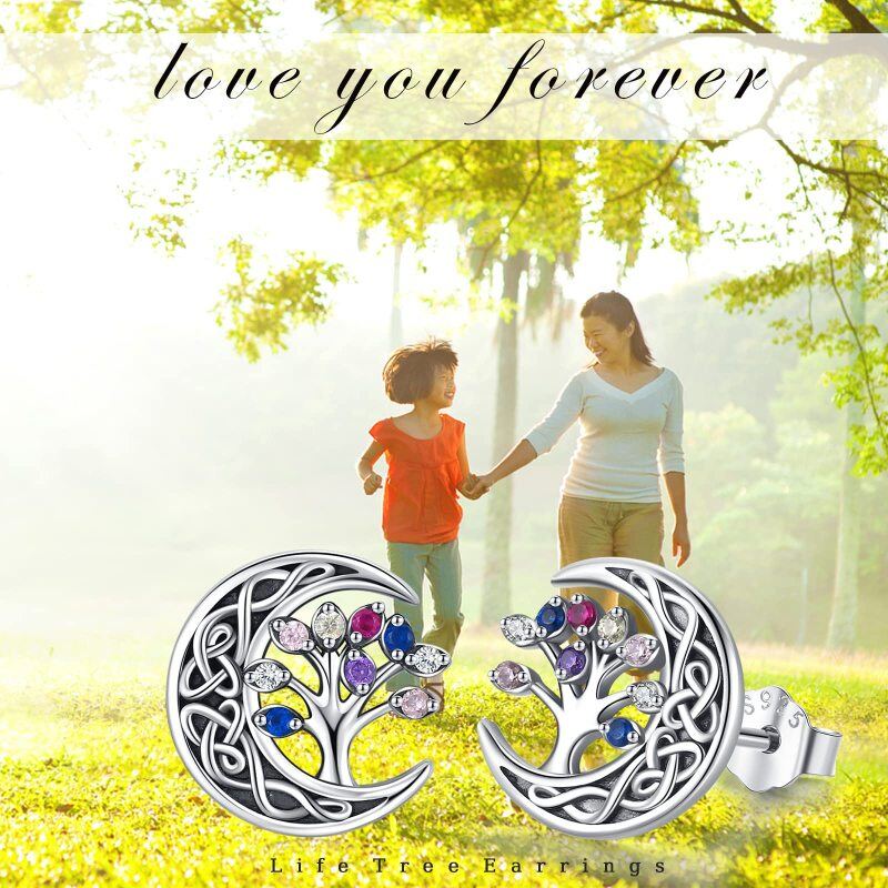 Sterling Zilveren Cubic Zirconia Boom Des Levens Keltische Knoop Maan Oorstekers-6