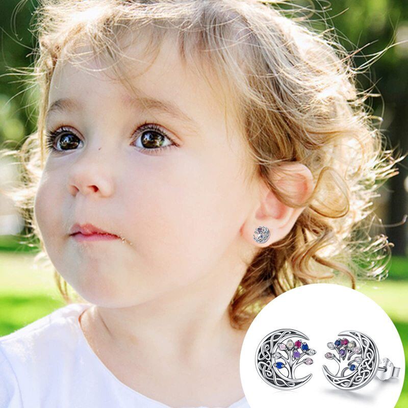 Sterling Zilveren Cubic Zirconia Boom Des Levens Keltische Knoop Maan Oorstekers-4