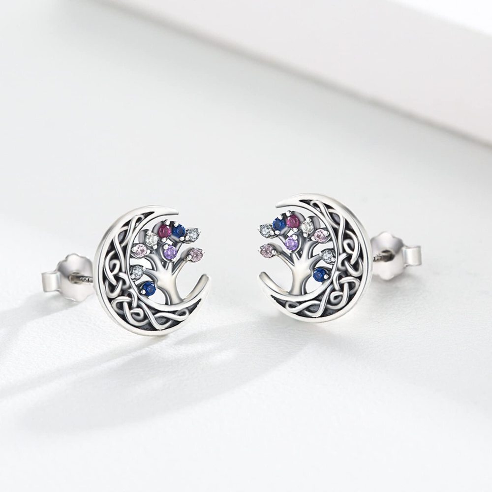 Ohrstecker aus Sterlingsilber mit keltischem Knoten und Mond, Zirkonia, Lebensbaum-2