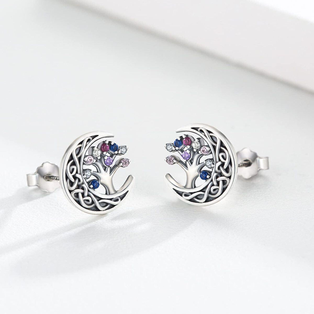 Boucles d'oreilles à tige en argent sterling et oxyde de zirconium en forme d'arbre de vie avec nœud celtique et lune-2