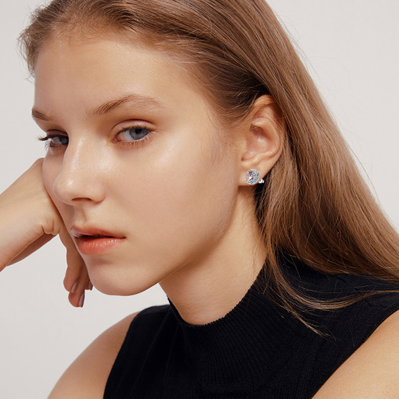 Sterling Zilveren Cubic Zirconia Boom Des Levens Keltische Knoop Maan Oorstekers-3