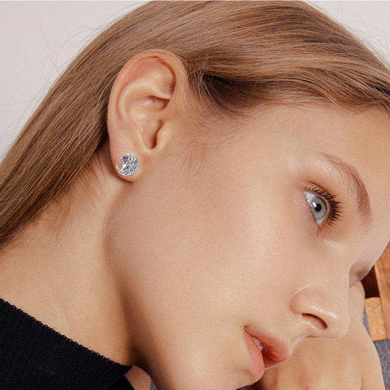 Sterling Zilveren Cubic Zirconia Boom Des Levens Keltische Knoop Maan Oorstekers-5