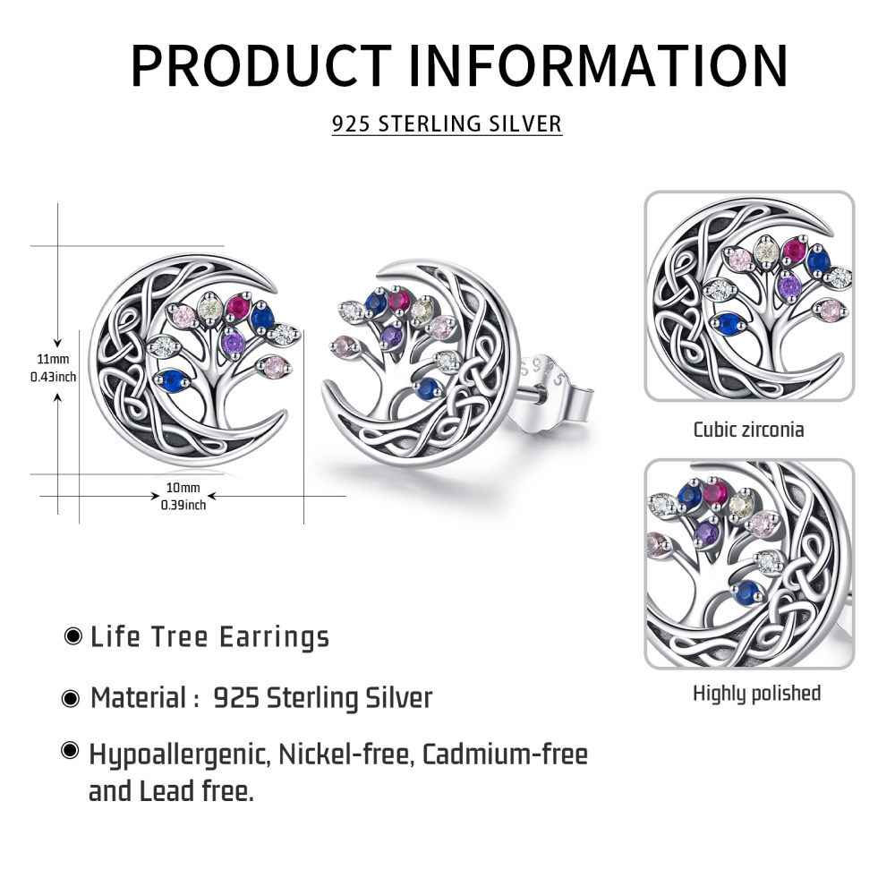 Ohrstecker aus Sterlingsilber mit keltischem Knoten und Mond, Zirkonia, Lebensbaum-7