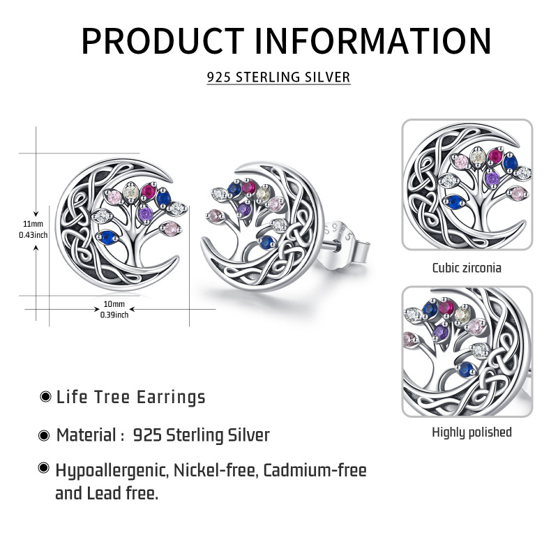 Sterling Zilveren Cubic Zirconia Boom Des Levens Keltische Knoop Maan Oorstekers-7