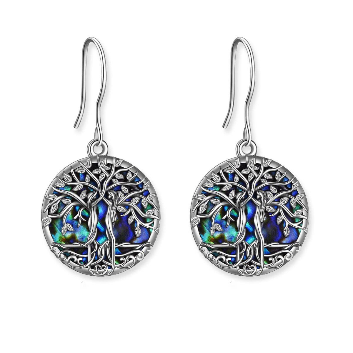 Sterling Silver Round Abalone Shellfish Tree Of Life Drop Earrings-1