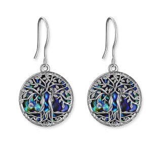 Sterling Silver Round Abalone Shellfish Tree Of Life Drop Earrings-12