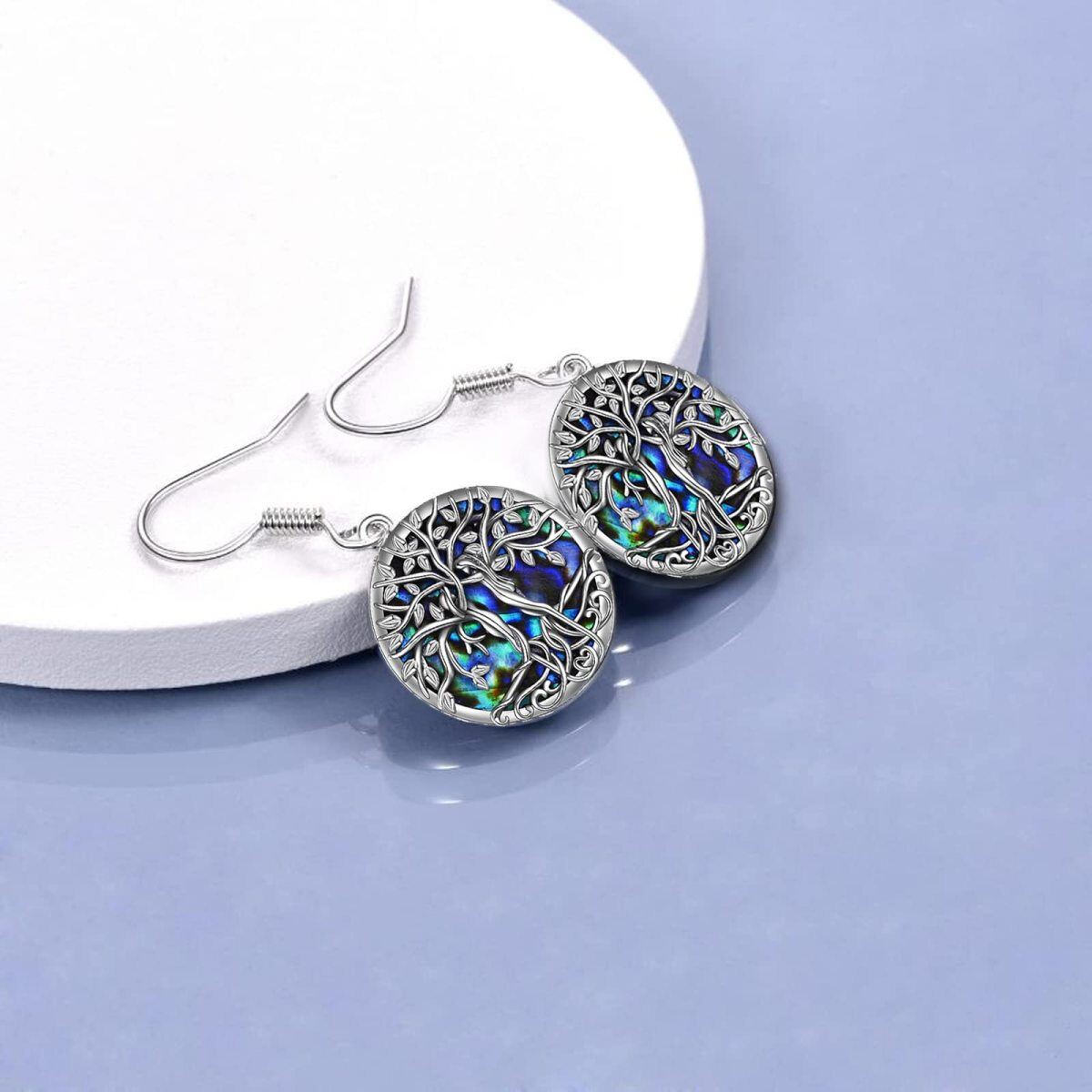 Sterling Silver Round Abalone Shellfish Tree Of Life Drop Earrings-3