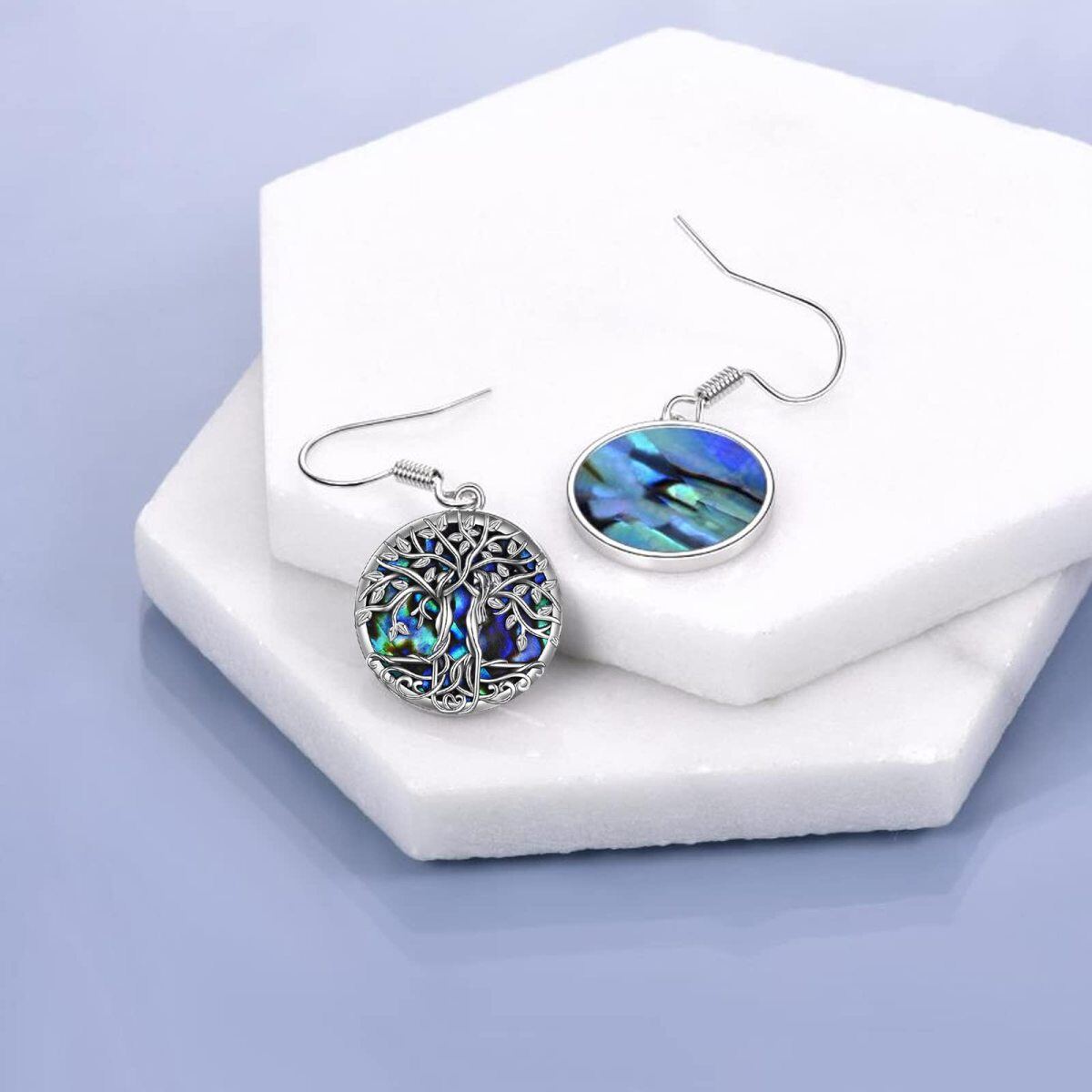 Sterling Silver Round Abalone Shellfish Tree Of Life Drop Earrings-4