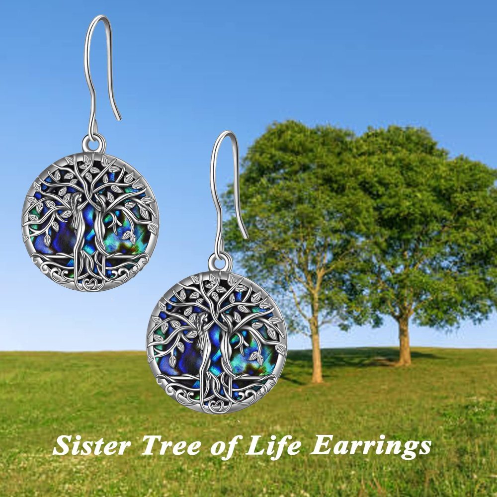 Pendientes colgantes de árbol de la vida con forma de concha de abulón redonda en plata de ley-6