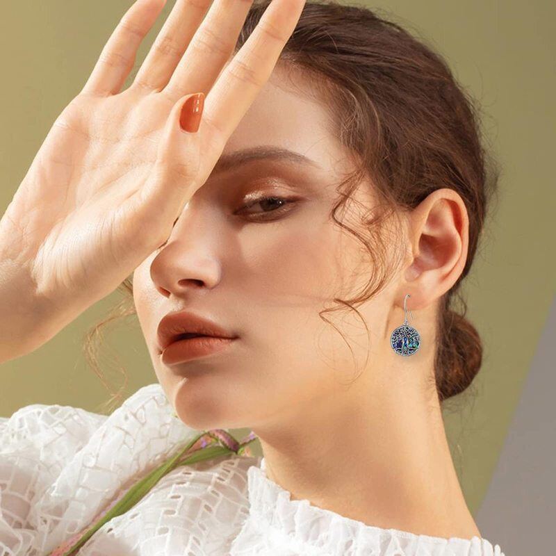 Pendientes colgantes de árbol de la vida con forma de concha de abulón redonda en plata de ley-2