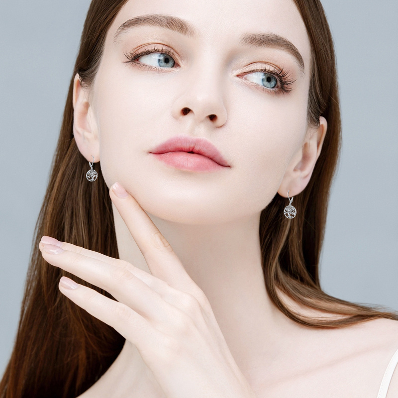 Brincos de alavanca em forma de árvore da vida em prata esterlina-2