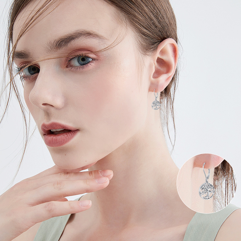 Brincos de alavanca em forma de árvore da vida em prata esterlina-3