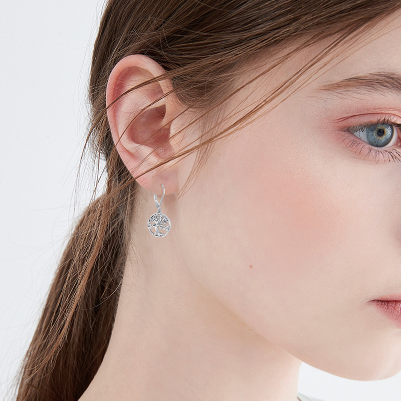 Brincos de alavanca em forma de árvore da vida em prata esterlina-4