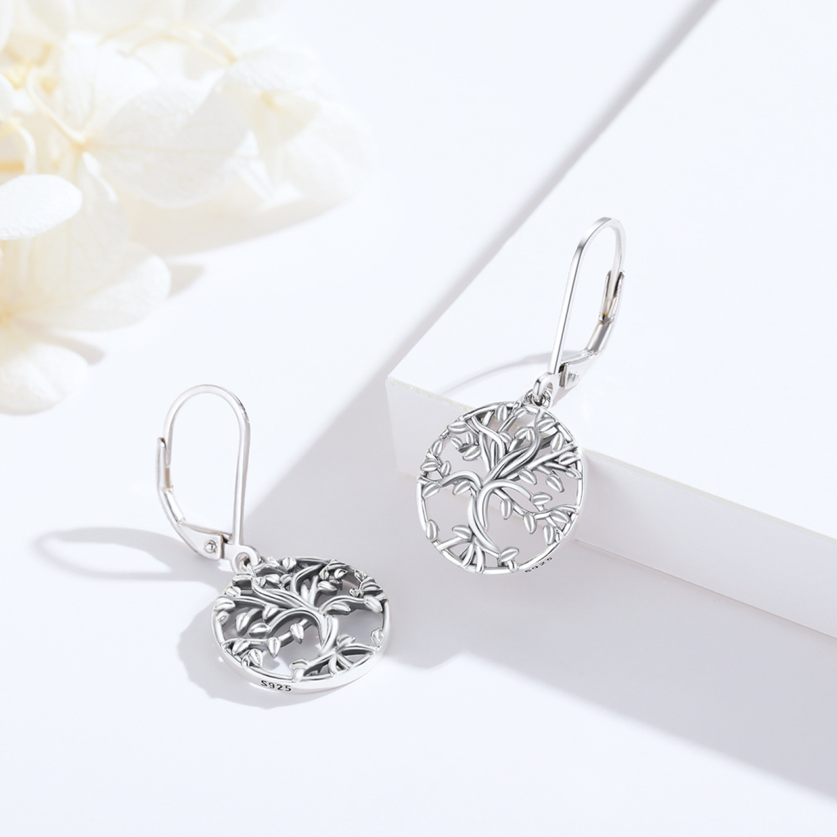 Boucles d'oreilles à levier en argent sterling avec arbre de vie-5