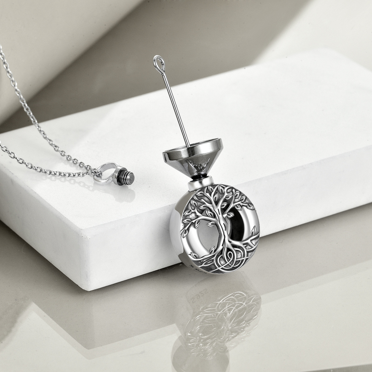 Collar con urna circular con forma de árbol de la vida en plata de ley para cenizas para mujeres y hombres-3