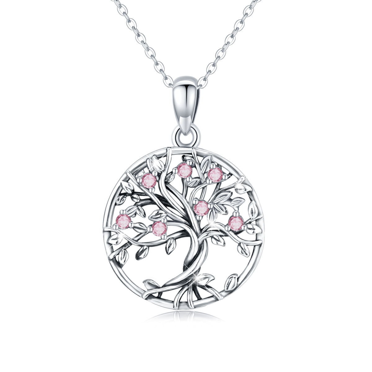 Sterling Silver Pink Cubic Zirconia Tree Of Life Circle Necklace for Women-1