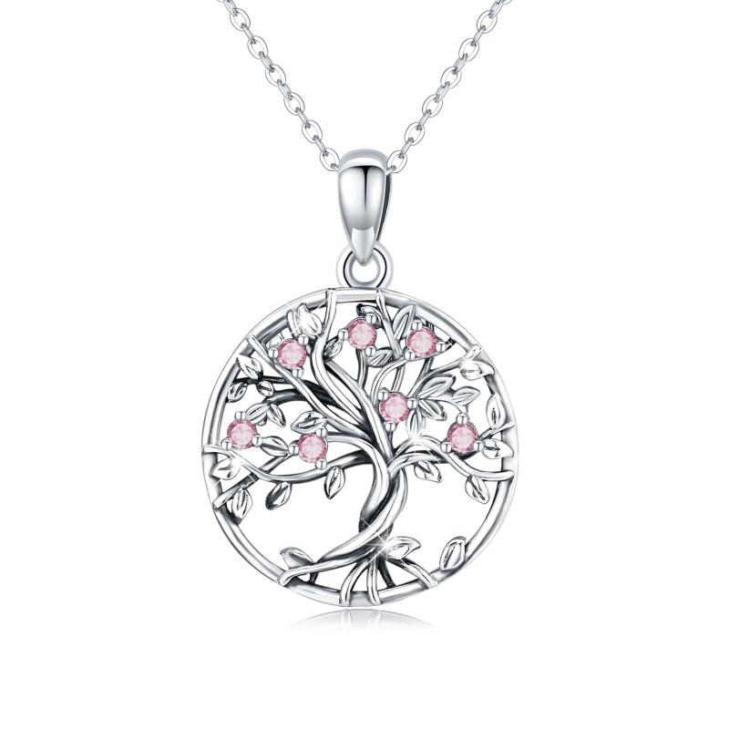 Sterling Silver Pink Cubic Zirconia Tree Of Life Circle Necklace for Women-40