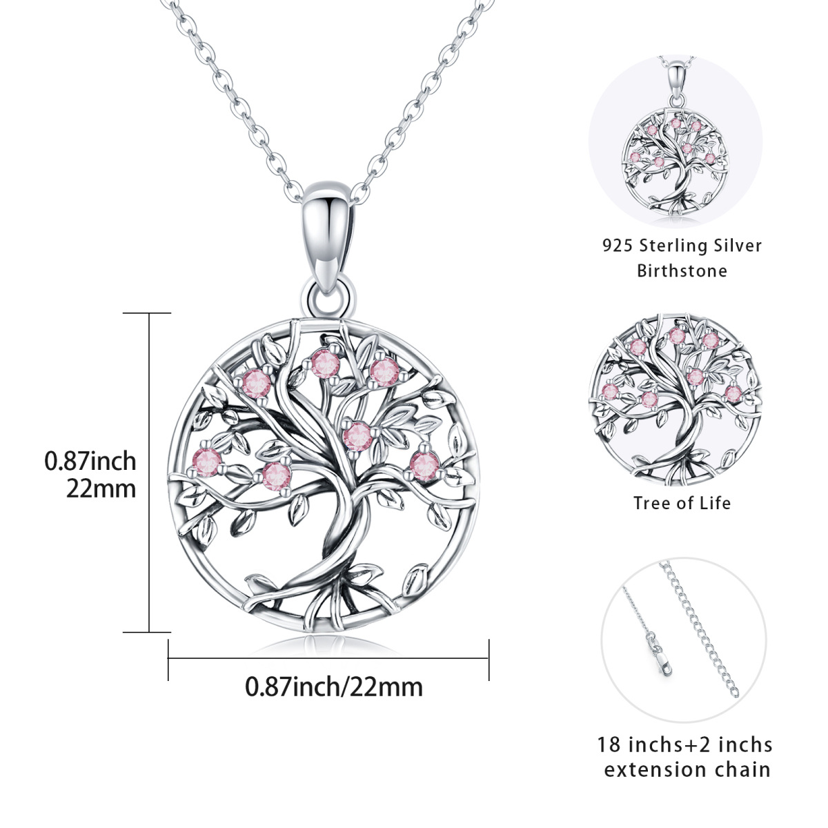 Sterling Silver Pink Cubic Zirconia Tree Of Life Circle Necklace for Women-5