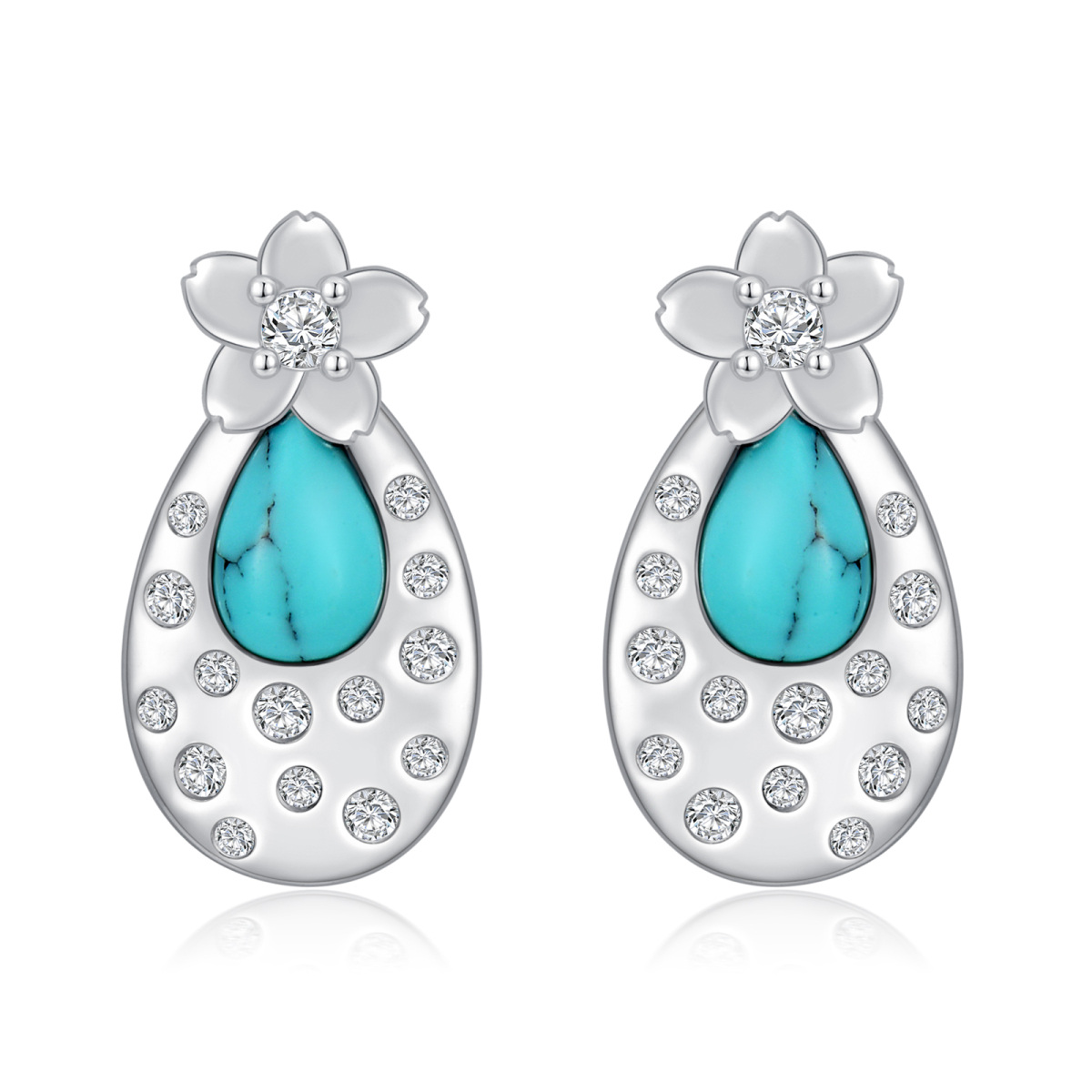 Sterling Silver Oval Shaped Turquoise Peach Blossom Stud Earrings-1