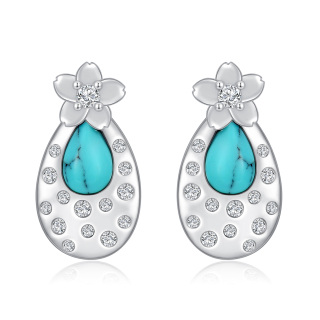 Sterling Silver Oval Shaped Turquoise Peach Blossom Stud Earrings-30