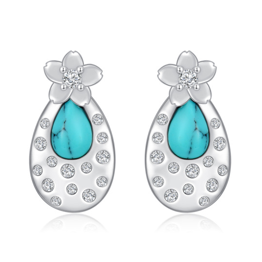 Sterling Silver Oval Shaped Turquoise Peach Blossom Stud Earrings