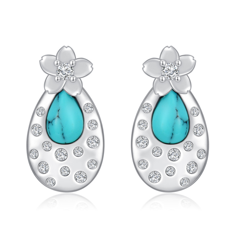 Sterling Silver Oval Shaped Turquoise Peach Blossom Stud Earrings-8