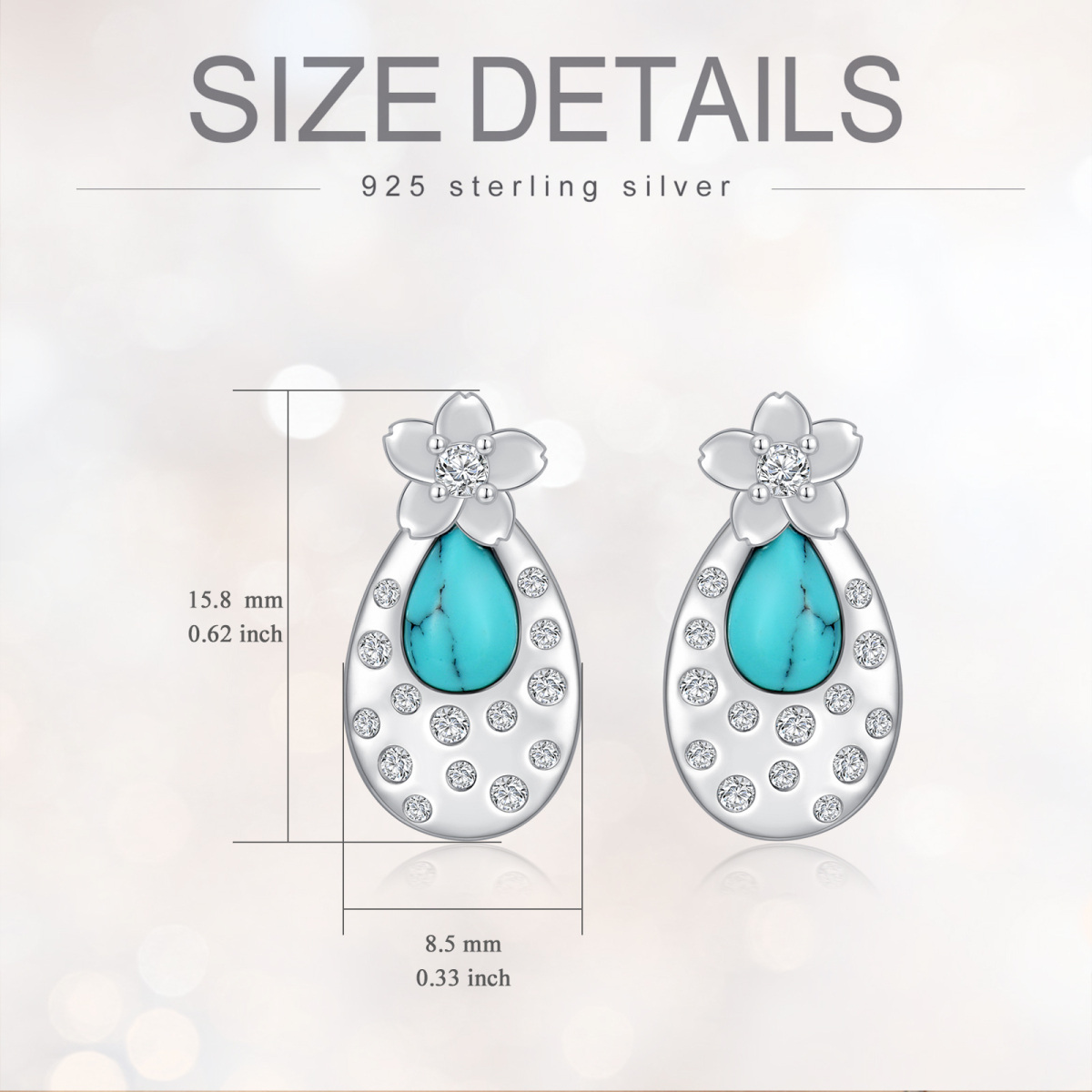 Sterling Silver Oval Shaped Turquoise Peach Blossom Stud Earrings-5