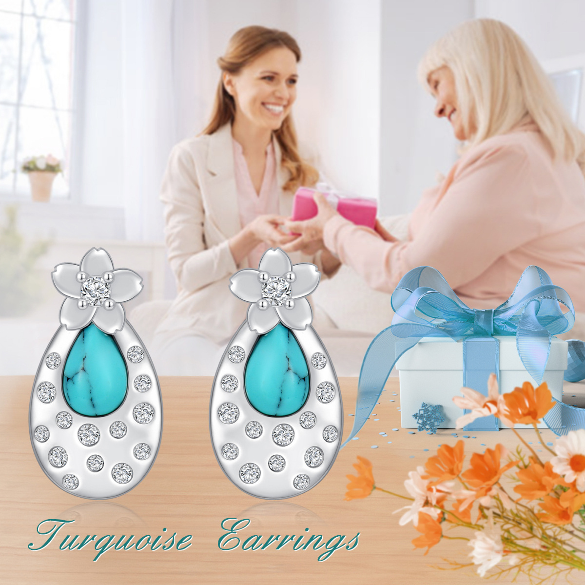 Sterling Silver Oval Shaped Turquoise Peach Blossom Stud Earrings-6