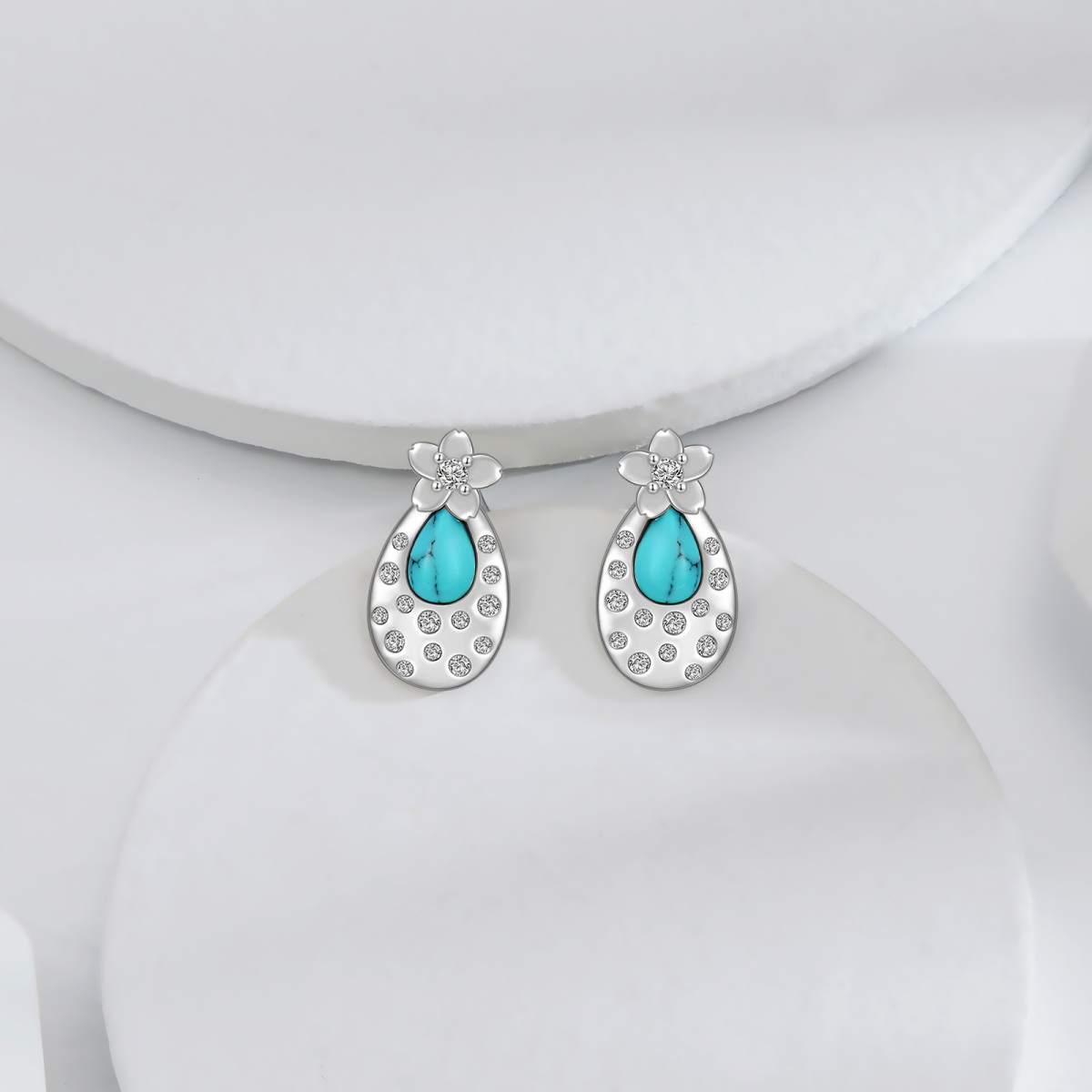 Sterling Silver Oval Shaped Turquoise Peach Blossom Stud Earrings-3