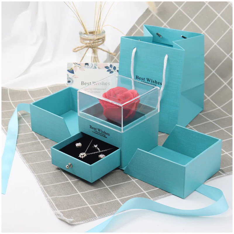 Turquoise Preserved Rose Jewelry Box for Necklaces Rings Gift for Your Lovely-1