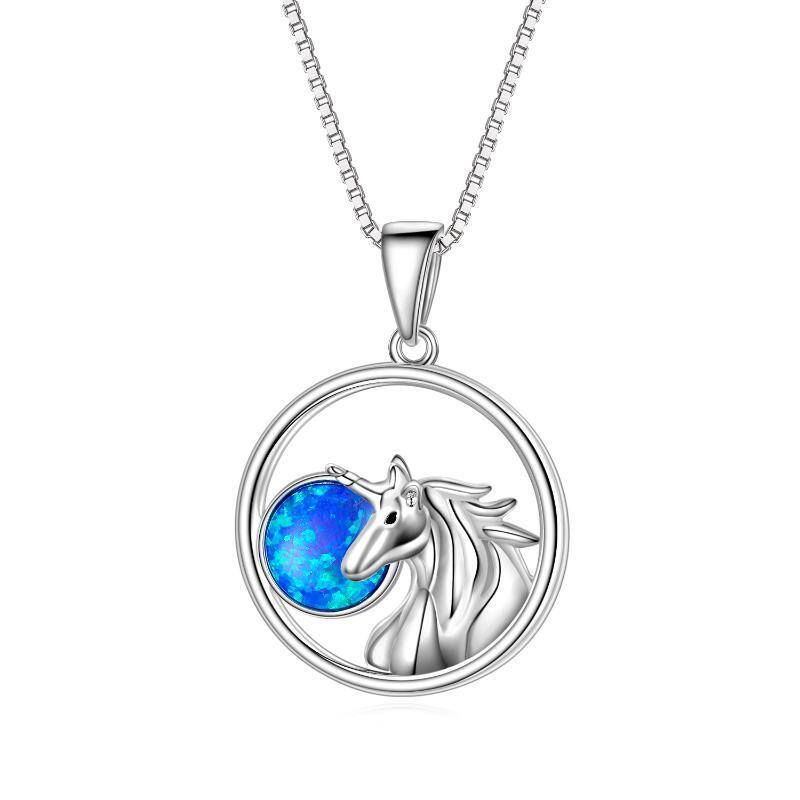 Sterling Silver Opal Circle Unicorn Box Chain Necklace for Women Men-1