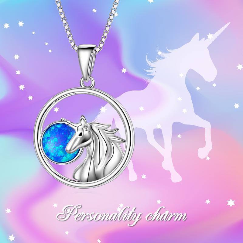 Sterling Silver Opal Circle Unicorn Box Chain Necklace for Women Men-6