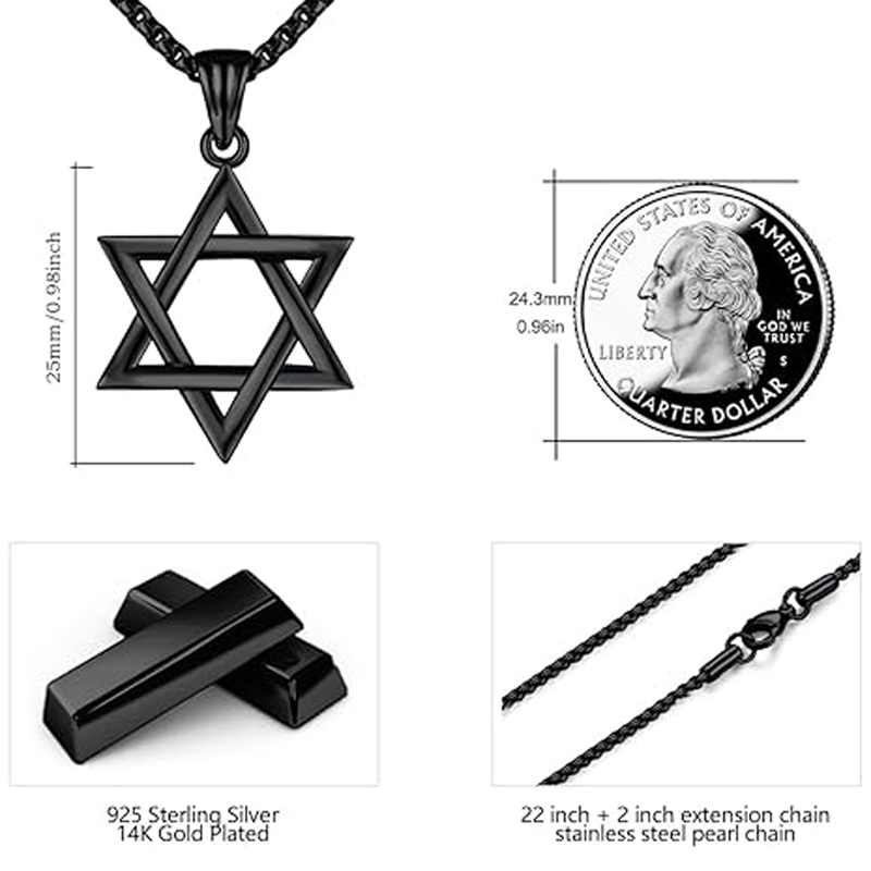 Unisex Sterling Silver with Black Gold Plated Star Of David Pendant Necklace-5