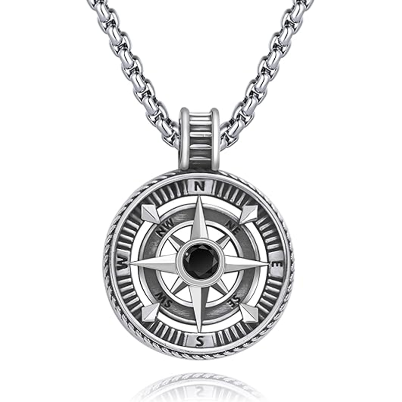 Unisex Sterling Silver Compass Pendant Necklace-1