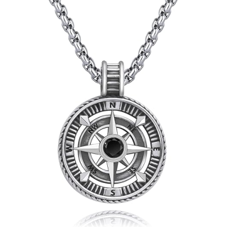 Unisex Sterling Silver Compass Pendant Necklace-3