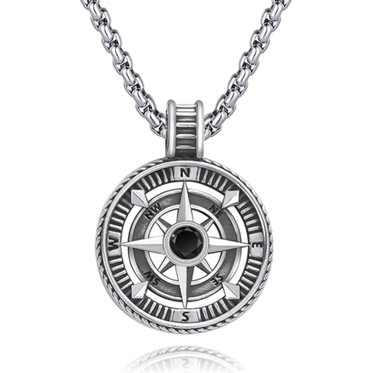 Unisex Sterling Silver Compass Pendant Necklace