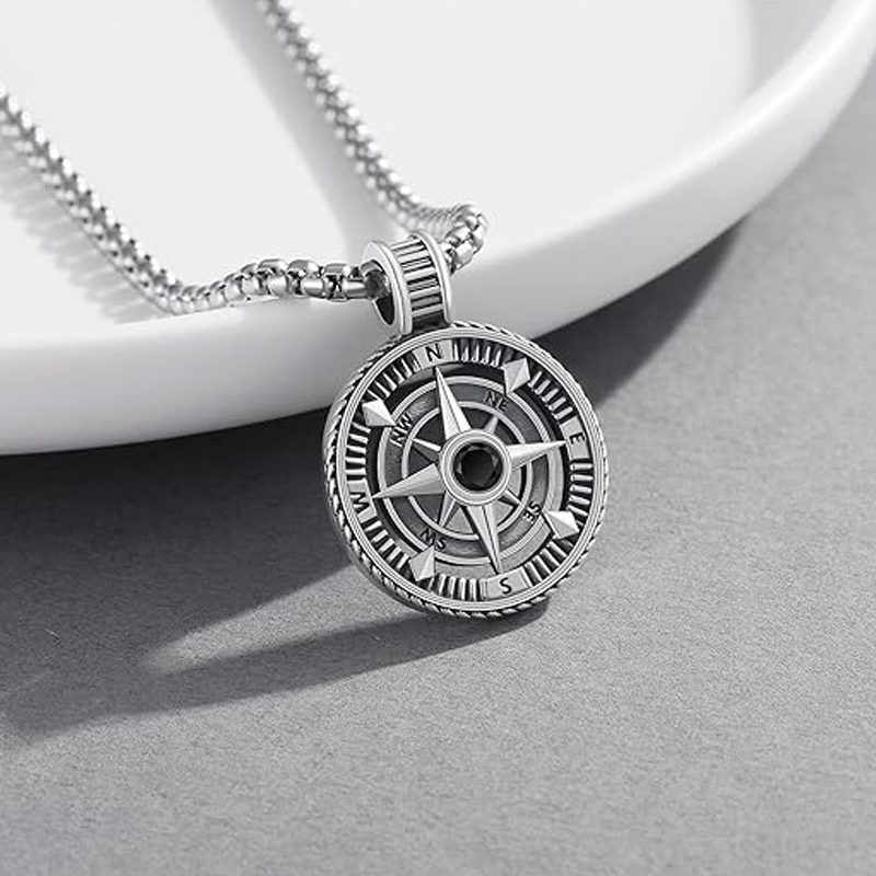 Unisex Sterling Silver Compass Pendant Necklace-4