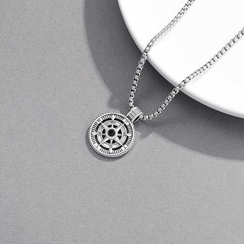 Unisex Sterling Silver Compass Pendant Necklace-5