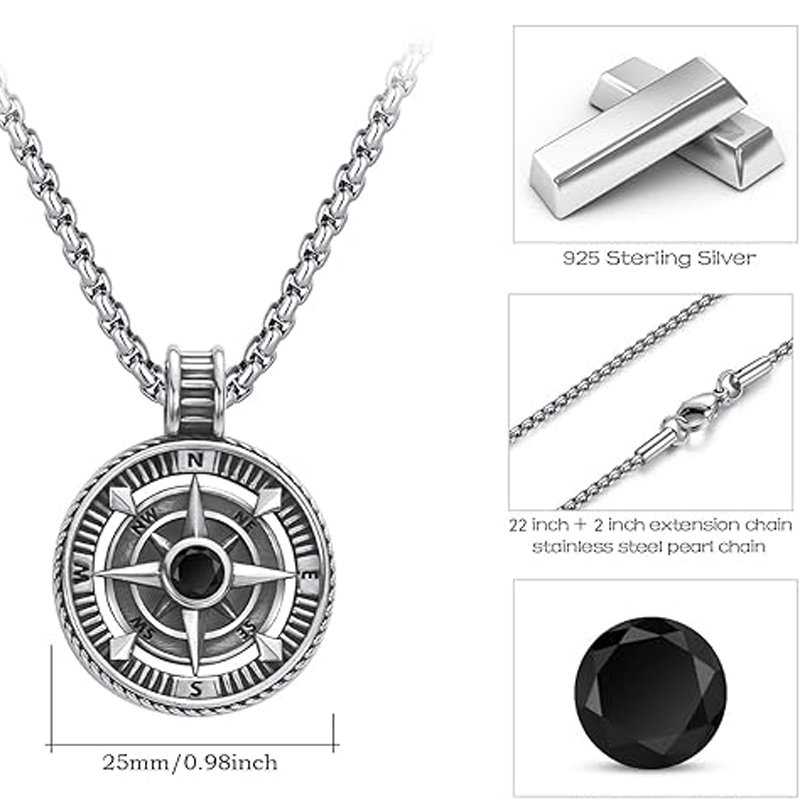 Collier pendentif boussole unisexe en argent sterling-6