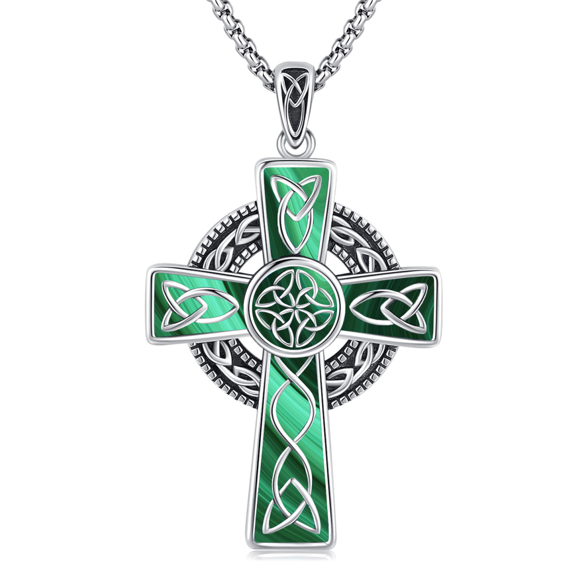 Collana unisex in argento sterling con ciondolo a croce con nodo celtico in malachite-1