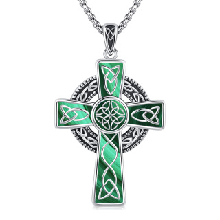 Unisex Sterling Silver Malachite Celtic Knot & Cross Pendant Necklace-1