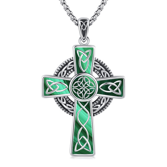 Collana unisex in argento sterling con ciondolo a croce con nodo celtico in malachite