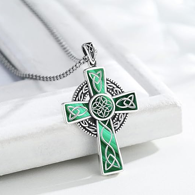 Unisex Sterling Silver Malachite Celtic Knot & Cross Pendant Necklace-3